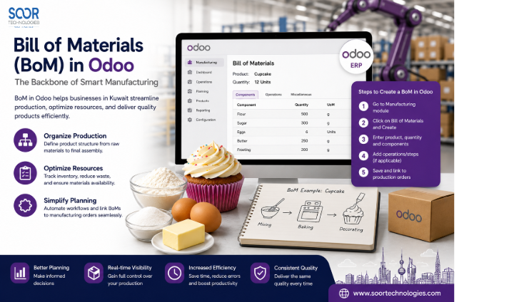 Bill of Materials (BoM) in Odoo | Manufacturing ERP | Soor Technologies Bill of Materials (BoM) in Odoo ERP for manufacturing and production planning in Kuwait by Soor Technologies
