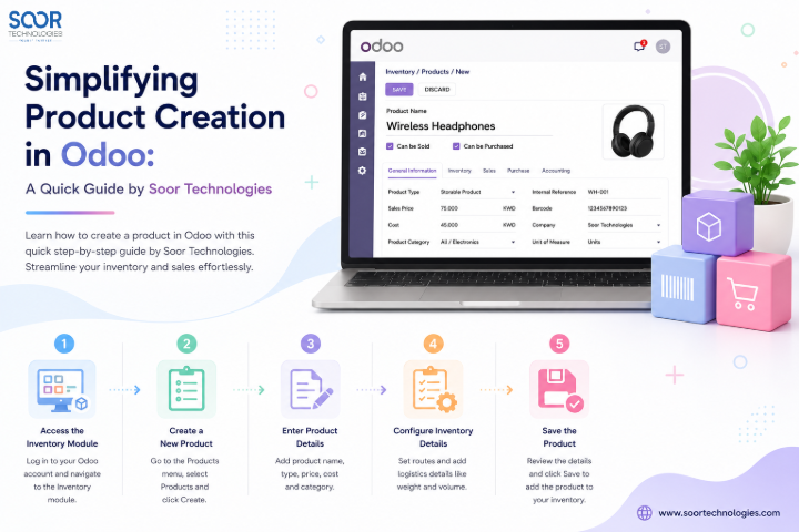 How to Create a Product in Odoo ERP | Soor Technologies Kuwait Step-by-step guide to creating products in Odoo ERP for inventory and sales management in Kuwait by Soor Technologies