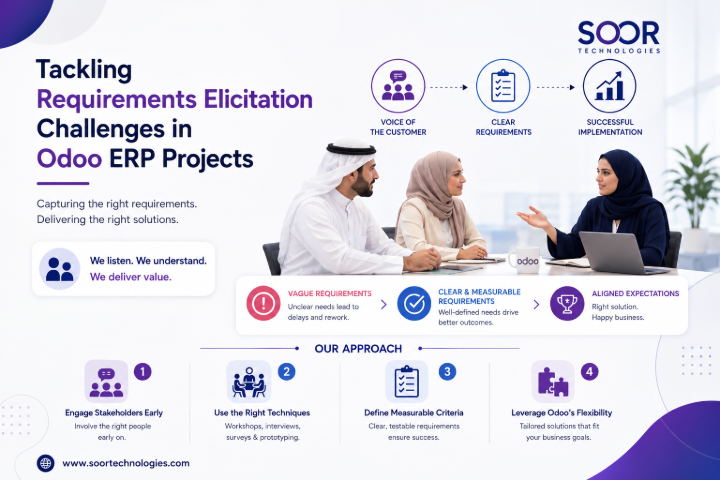 Requirements Elicitation for Odoo ERP | Soor Technologies Kuwait Requirements elicitation in Odoo ERP projects – capturing stakeholder requirements for successful ERP implementation in Kuwait by Soor Technologies